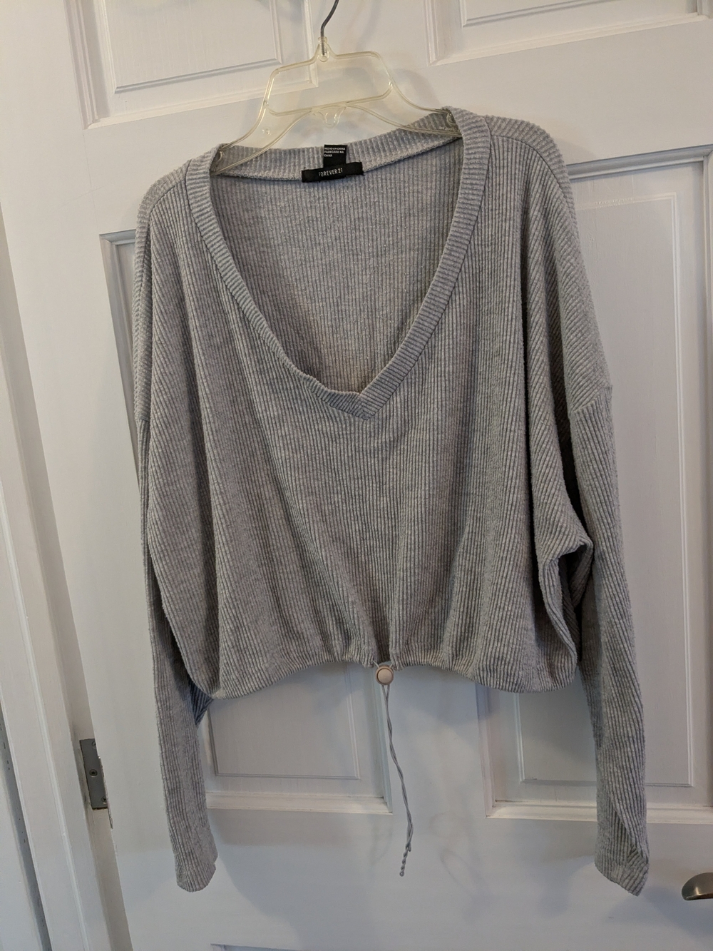 Forever 21 Light Gray Ribbed V-Neck Drawstring Top